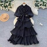 Beaded Lantern Sleeve Lace-Up Slim Waist Slim Fit Chic Ruffle Pleated Dress