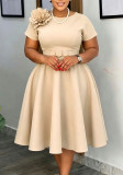 Women's Plus Size High Waist Round Neck Floral A-Line Solid African Dress