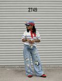 Fashion Cute Cat Embroidered Multi-Pocket Denim Pants