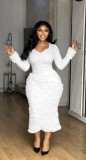 Solid Color U-Neck Long Sleeve Textured Pleated Slim Fit Bodycon Midi Dress