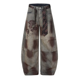 Rose Embroidered Dirty Dye Denim Pants