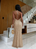 Sequin Halter Neck Lace-Up Low Back Shell Decorated Formal Evening Dress
