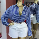 Women's Summer Chic Casual Turn-Down Collar Striped Loose Long Sleeve Shirt Top