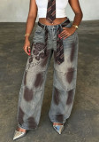 Rose Embroidered Dirty Dye Denim Pants