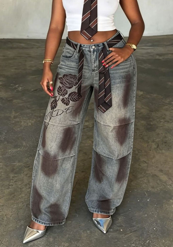 Rose Embroidered Dirty Dye Denim Pants