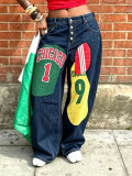 Women Jersey-Style Patch Prints Denim Pants