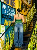 Women Washed Denim Pants with Letter Patches and Raw Edges