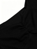 Women Ribbed Off-Shoulder Pleated Crop Top & Wide-Leg Pants Set