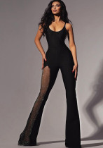 Women Sexy Spaghetti-Strap Backless Mesh Patchwork Bell-Bottom Jumpsuit Women Sexy Spaghetti-Strap Backless Mesh Patchwork Bell-Bottom Jumpsuit