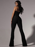 Women Sexy Spaghetti-Strap Backless Mesh Patchwork Bell-Bottom Jumpsuit