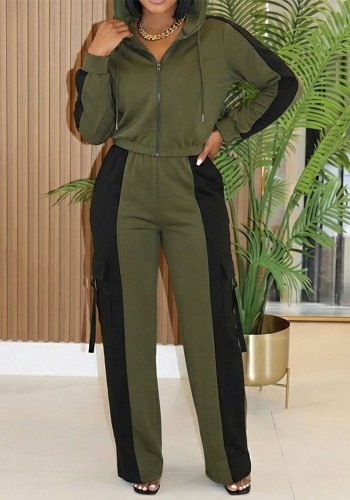 Women Spring/Autumn Casual Color-Block Patchwork Hoodie & Joggers Set
