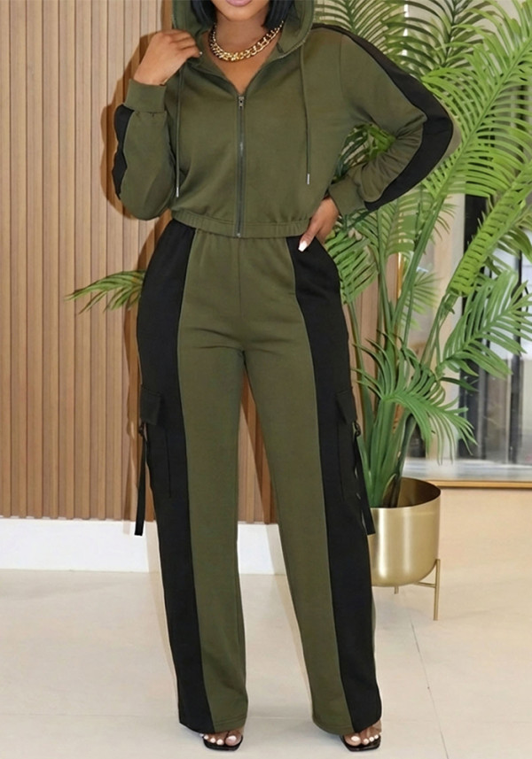 Women Spring/Autumn Casual Color-Block Patchwork Hoodie & Joggers Set