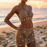 Women Crochet Shell Bikini & Skirt Beach Swimwear 3-Piece Set