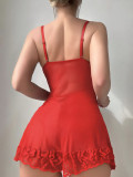 Women Red Lace Mesh Dress with Thong Sexy Lingerie
