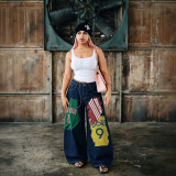 Women Barrel-Leg Denim Pants with Jersey-Style Patches and Graffiti Print