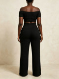 Women Ribbed Off-Shoulder Pleated Crop Top & Wide-Leg Pants Set