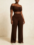 Women Ribbed Off-Shoulder Pleated Crop Top & Wide-Leg Pants Set