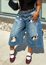 Women Puppy Embroidery and Plaid Patchwork Cropped Denim Pants Women Puppy Embroidery and Plaid Patchwork Cropped Denim Pants