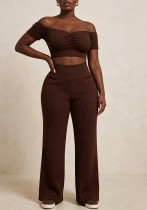 Women Ribbed Off-Shoulder Pleated Crop Top & Wide-Leg Pants Set Women Ribbed Off-Shoulder Pleated Crop Top & Wide-Leg Pants Set