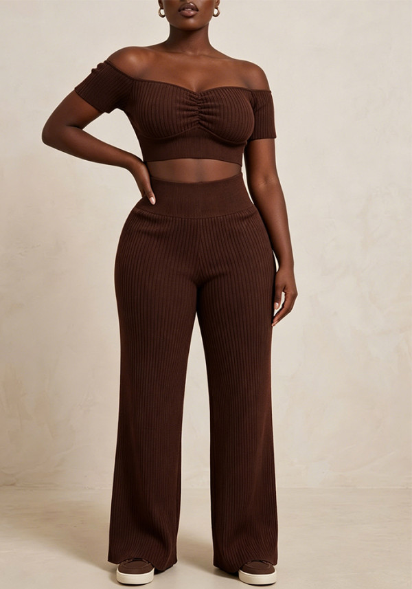 Women Ribbed Off-Shoulder Pleated Crop Top & Wide-Leg Pants Set