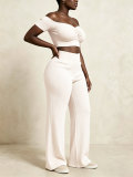 Women Ribbed Off-Shoulder Pleated Crop Top & Wide-Leg Pants Set