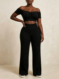 Women Ribbed Off-Shoulder Pleated Crop Top & Wide-Leg Pants Set