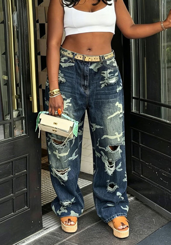 Women Washed Camouflage Ripped Denim Pants