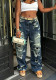Women Washed Camouflage Ripped Denim Pants