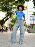 Women Patchwork Denim Pants with Frayed-Edge Webbing Detail