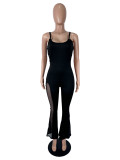Women Sexy Spaghetti-Strap Backless Mesh Patchwork Bell-Bottom Jumpsuit