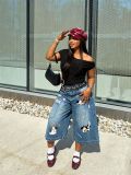 Women Puppy Embroidery and Plaid Patchwork Cropped Denim Pants