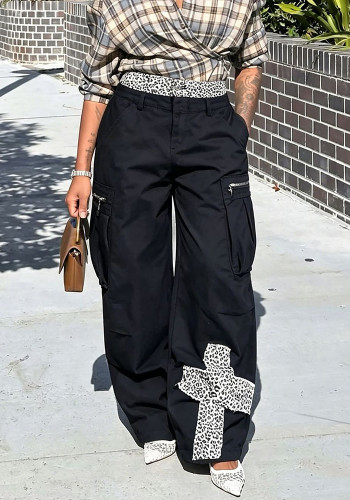 Women Leopard-Print Double-Waistband Cargo Denim Pants