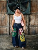 Women Barrel-Leg Denim Pants with Jersey-Style Patches and Graffiti Print
