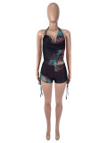 Women Sexy Mesh Ombré Print Halter-Neck Backless Jumpsuit