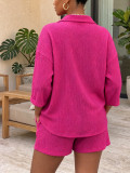 Women Summer Turn-Down Collar Shirt & Shorts Set