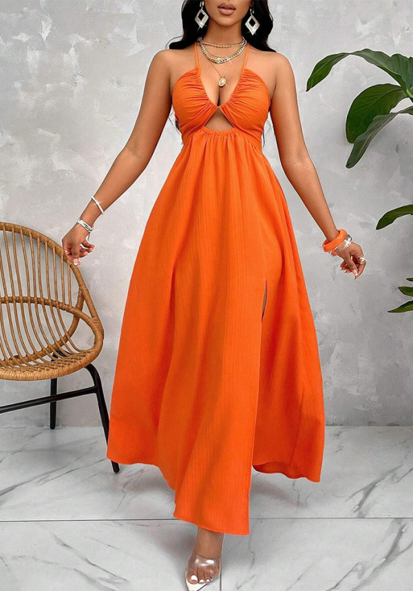 Women Elegant Summer Holiday Halter-Neck Backless Cut-Out Slit Maxi Dress