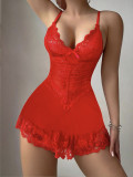 Women Red Lace Mesh Dress with Thong Sexy Lingerie