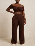 Women Ribbed Off-Shoulder Pleated Crop Top & Wide-Leg Pants Set