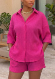 Women Summer Turn-Down Collar Shirt & Shorts Set