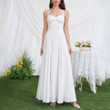 Women Summer Halter-Neck Lace-Up Sexy Backless Ruched Maxi Dress