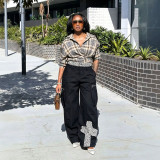Women Leopard-Print Double-Waistband Cargo Denim Pants
