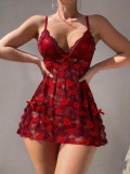 Women Red Lace Mesh Dress with Thong Sexy Lingerie