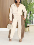 Women Spring/Autumn Casual Color-Block Patchwork Hoodie & Joggers Set
