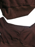 Women Ribbed Off-Shoulder Pleated Crop Top & Wide-Leg Pants Set