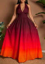 Women Halter-Neck V-Neck Ombré Party Dress