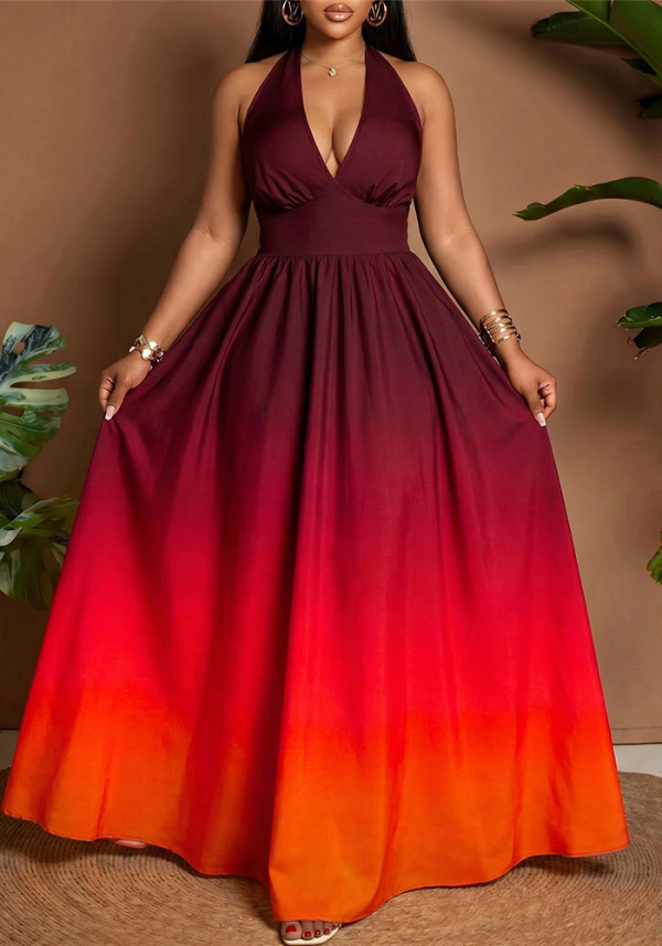 Women Halter-Neck V-Neck Ombré Party Dress