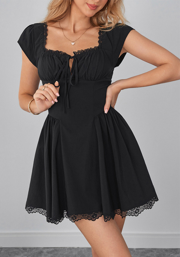 Women Summer Lace Patchwork Cut-Out Lace-Up Dress