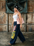 Women Barrel-Leg Denim Pants with Jersey-Style Patches and Graffiti Print