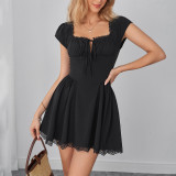 Women Summer Lace Patchwork Cut-Out Lace-Up Dress