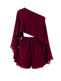 Women Summer Slash-Shoulder Cape/Strapless Top & Wide-Leg Shorts 3-Piece Set